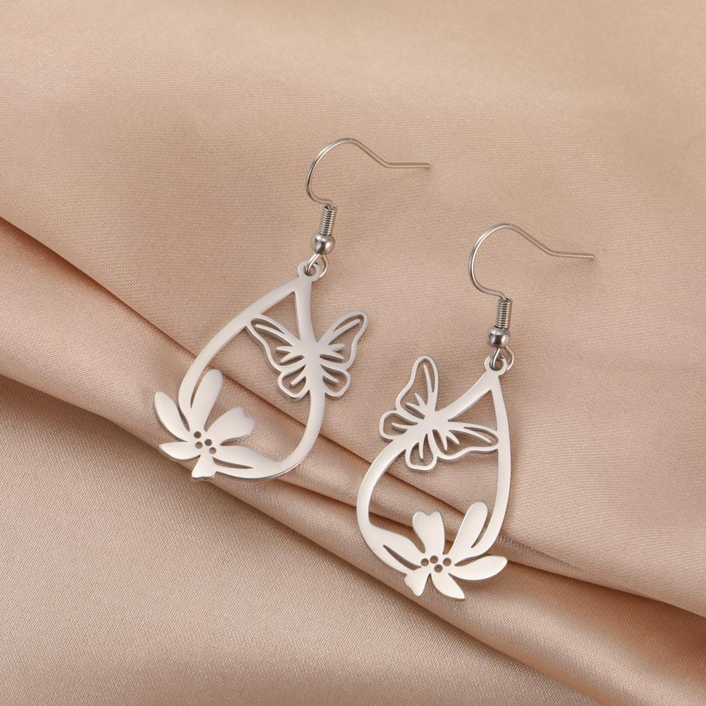 Butterfly Flower Teardrop Pendant Earring Women Stainless Steel Hoop Earrings Bohemian Jewelry Gift