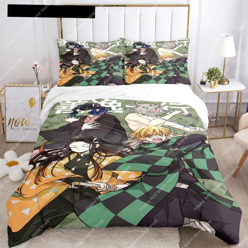 Comforter Anime Demon Slayer Print Bedding Set 2/3Pieces Nezuko Queen Double Single King Size Boys Adults Gift