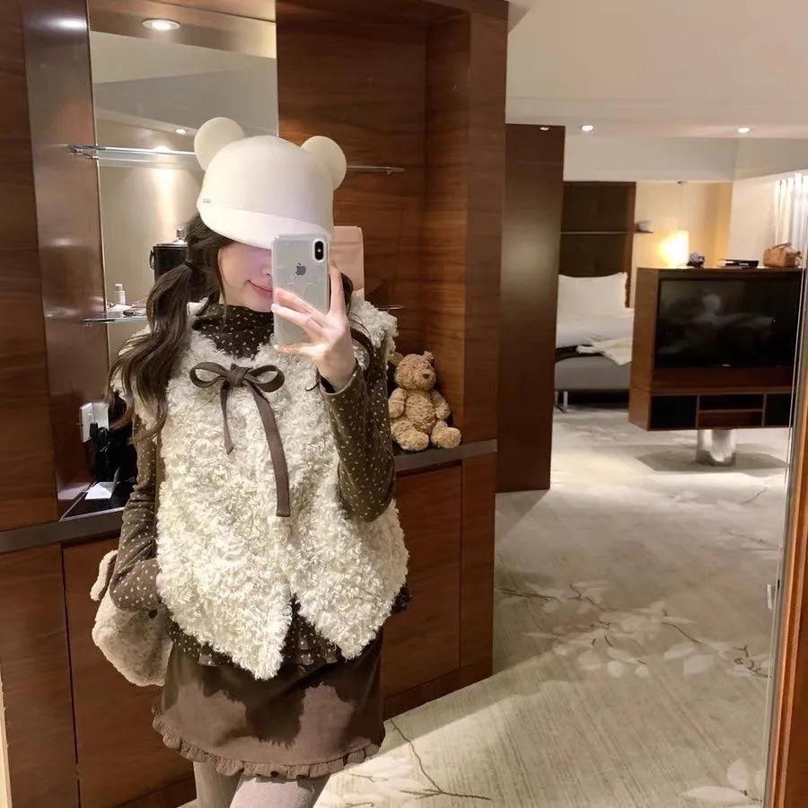 Women s Polka Dot Bowknot Plush Vest & Base Layer Set for Autumn/Winter S