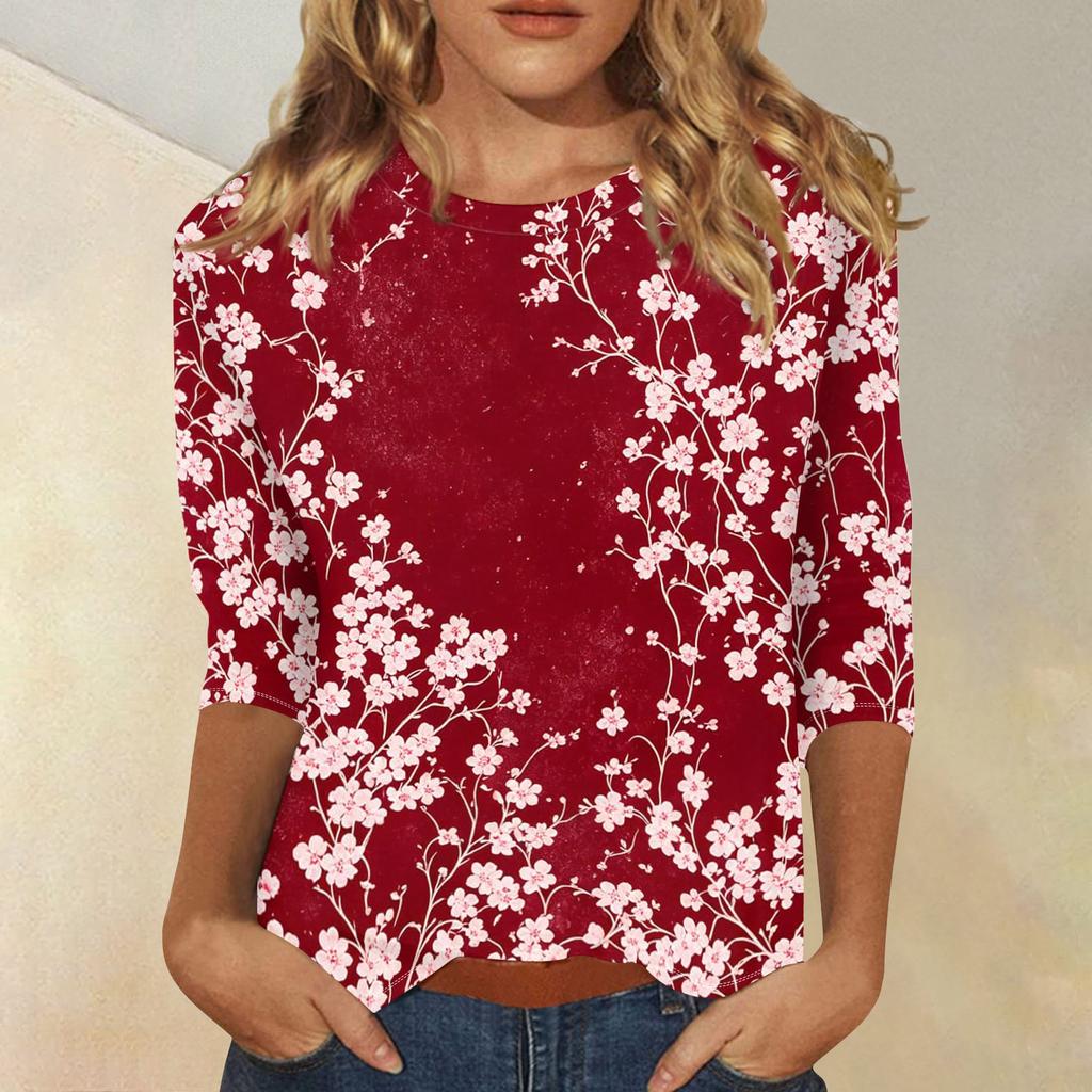 Damen Casual Blumenmuster Dreiviertelarm Rundhalsausschnitt Oberteil Leicht Bequem Sitzend Weicher Stoff Bluse für den Alltag