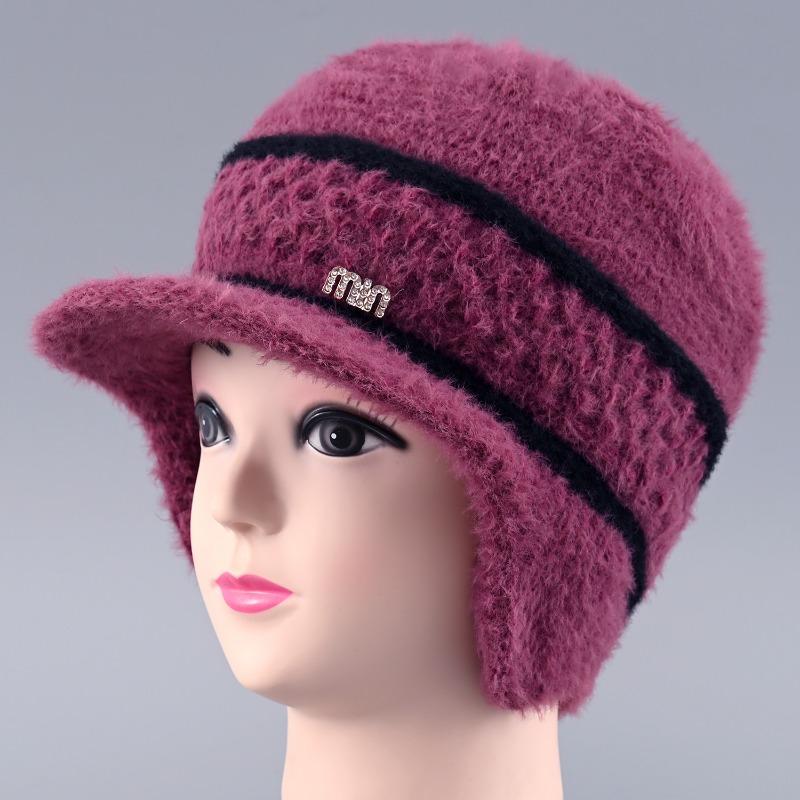 Hat Female Winter Rabbit Hair Warm Wool Hat Old Lady Cold Protection Ear Protection Knitted Hat