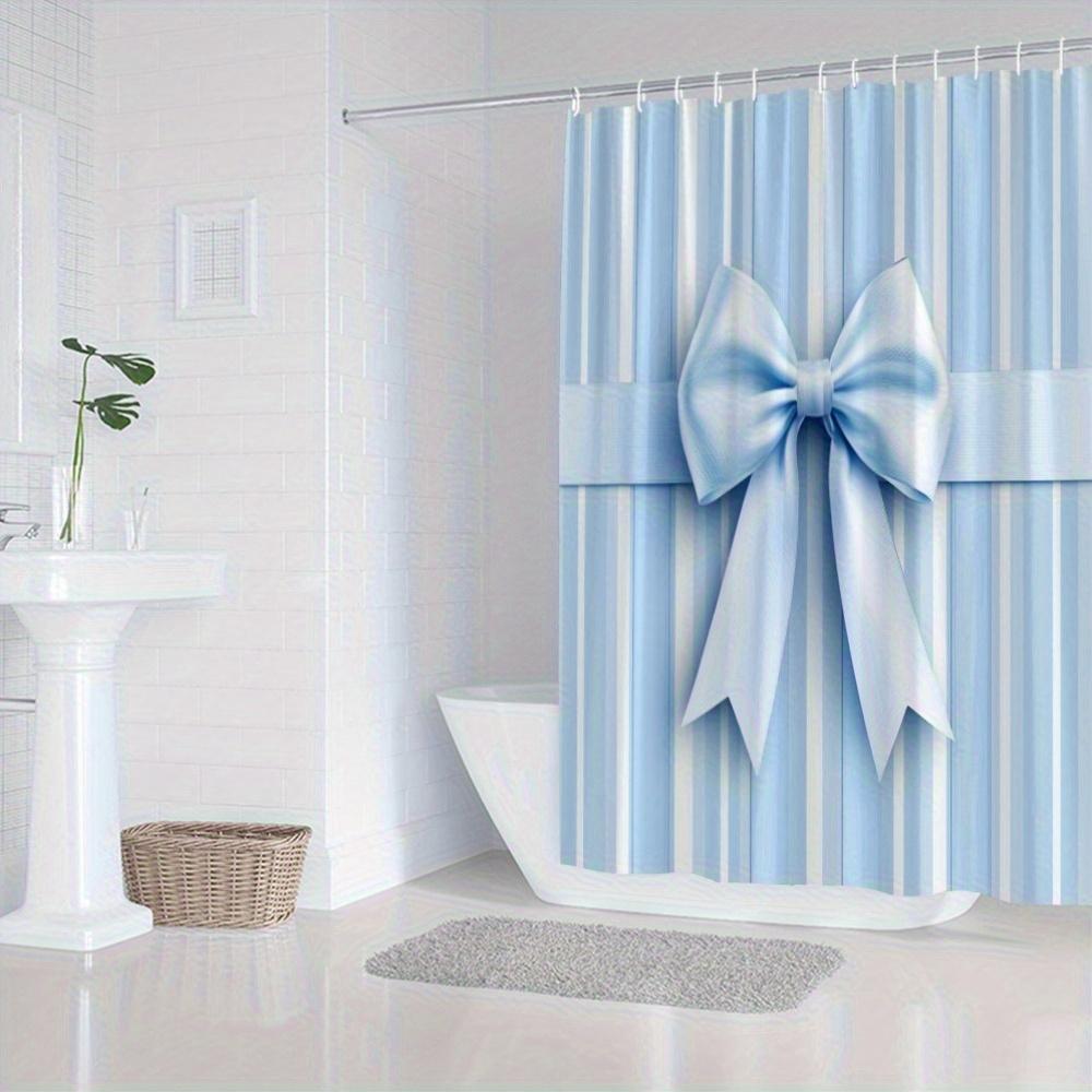 Elegant Blue Satin Bow Shower Curtain - Light Blue & White Striped Design, Calming Pastel Style, Machine Washable Polyester