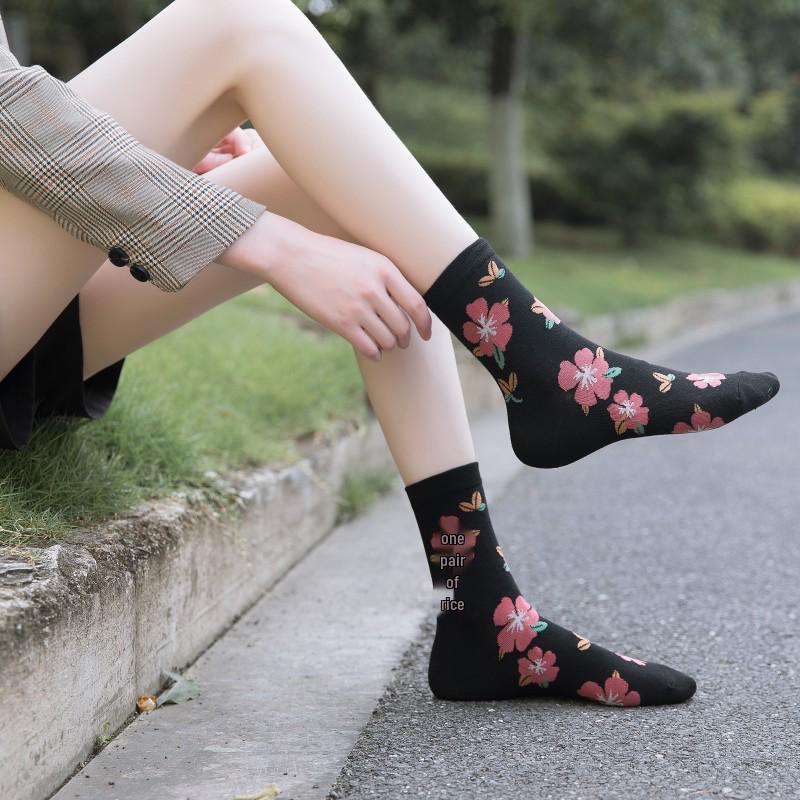 Women's Mid-Calf Socks - Summer Bestseller: Breathable, Sweet, Trendy Japanese Style with Small Flower Design.