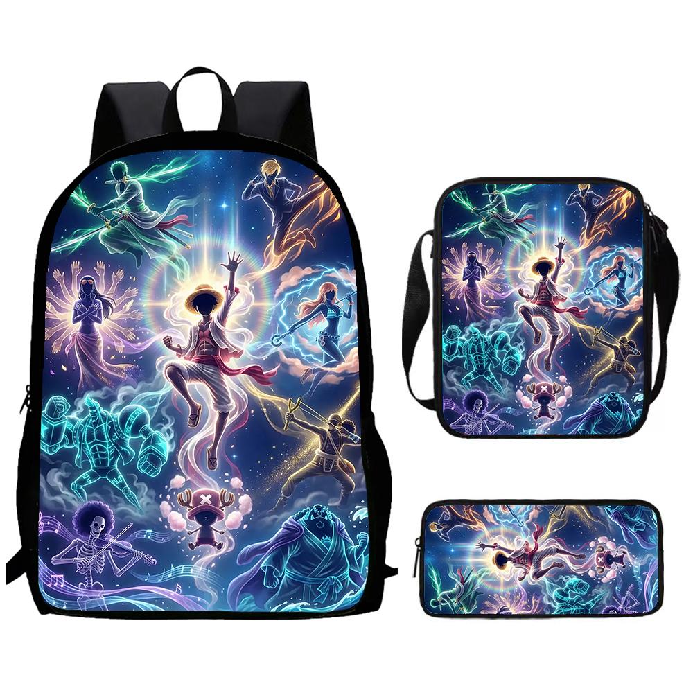 Cartoon One Piece 3pcs Lightweight Durable School Backpack with Crossbody Bag Pencil Case for Boys Girls Age 6-10 Primary School