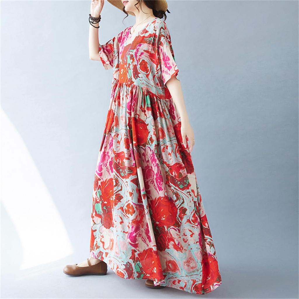 Summer Resort Mori Girl Long Plus Loose Bohemian Floral Perfect for Popular Free Floral Print [kisetsumate] Women's Dress, Cotton-Linen, Style, Dress,