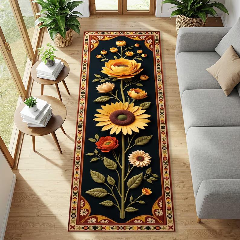 Sunflower Runner Rug Cottagecore Floral Carpet Vintage Botanical Hallway Mat Anti-slip Water-absorbing for Entryway Living Roo