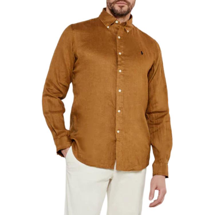Polo Ralph Lauren Solid Color Embroidered Logo Polo Button Long Sleeve Shirt Men shirts Khaki 710966294-016