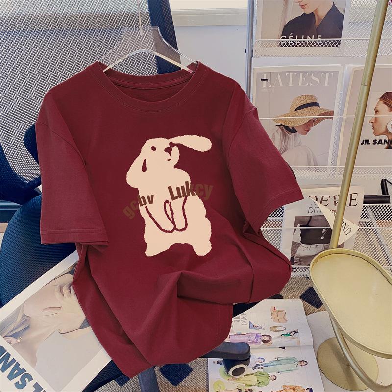 

Лето 2025 Женская ретро хлопковая футболка с принтом кролика свободного покроя 3XL