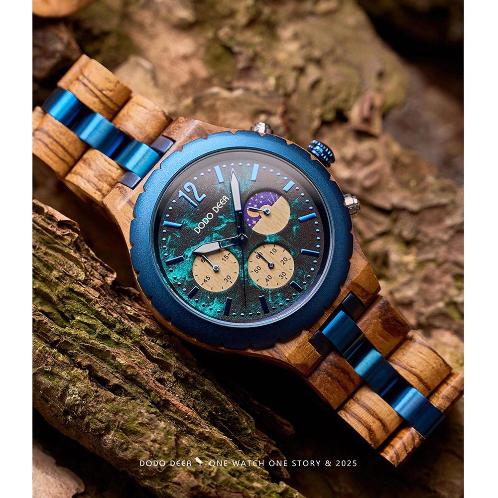 Herrenuhren Holzarmband Mode Blaues Zifferblatt Uhren Luxus Datum Chronograph Leuchtend Holz Armbanduhr Für Mann