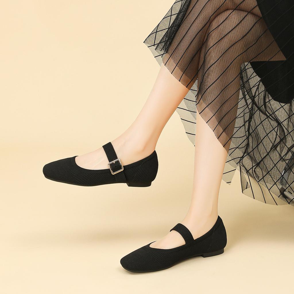 Fashion square toe mixed color knitted flats women ankle strap mary janes shoes spring summer weaving moccasins for woman cozy loafers