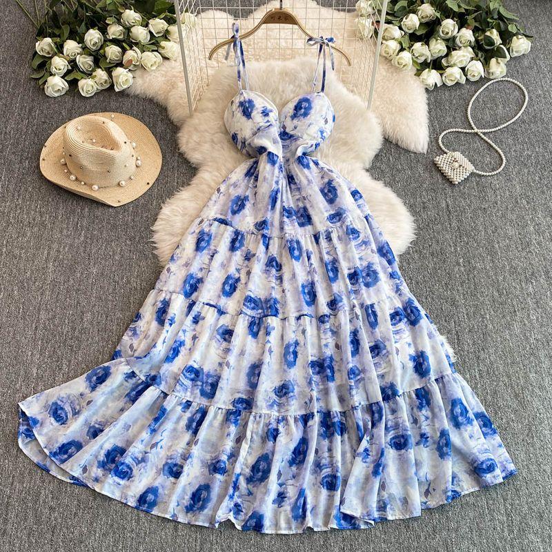 Sexy Cutout V-neck Strap Dress Women's Summer Vacation Wear Tight Waist Slimming Flounce Floral Chiffon Skirt