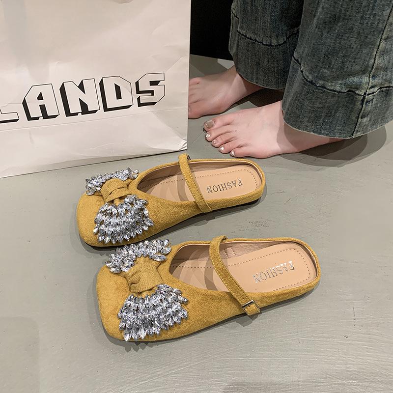 Rhinestone Bow Mary Jane Shoes Women's 2025 Summer New Soft-soled Bag Head Slippers One Word with Shallow Mouth Single Shoes