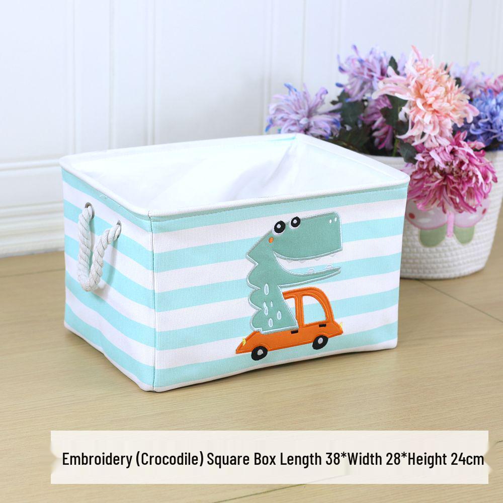 Children's Cartoon Embroidery Storage Bucket - Fabric Cotton Linen Organizer for Toys, Laundry, and Sundries.