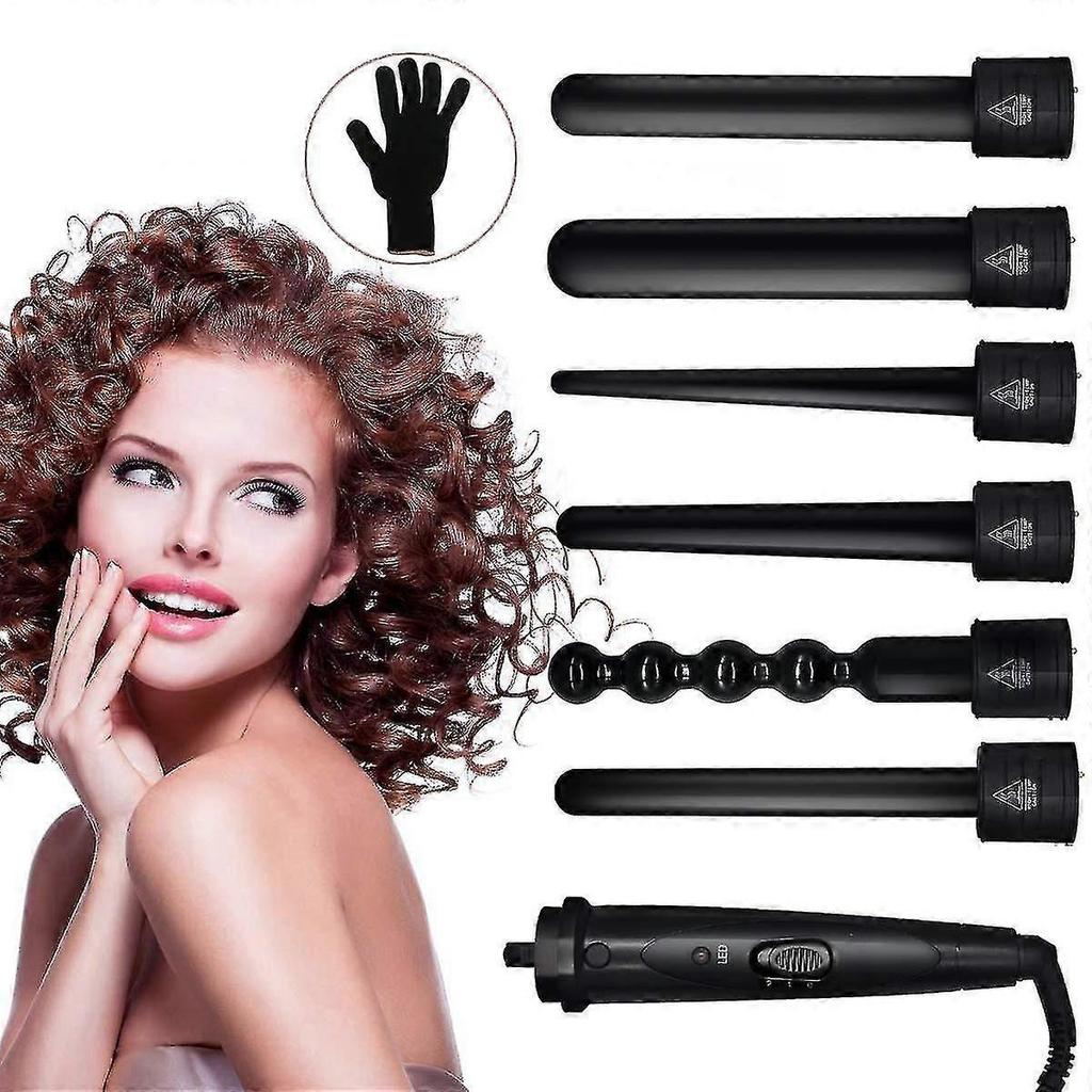 6 In 1 Curling Iron Wand Set With 6 Interchangeable Ceramic Barrels And Heat Protective Glove (black-6in1) A