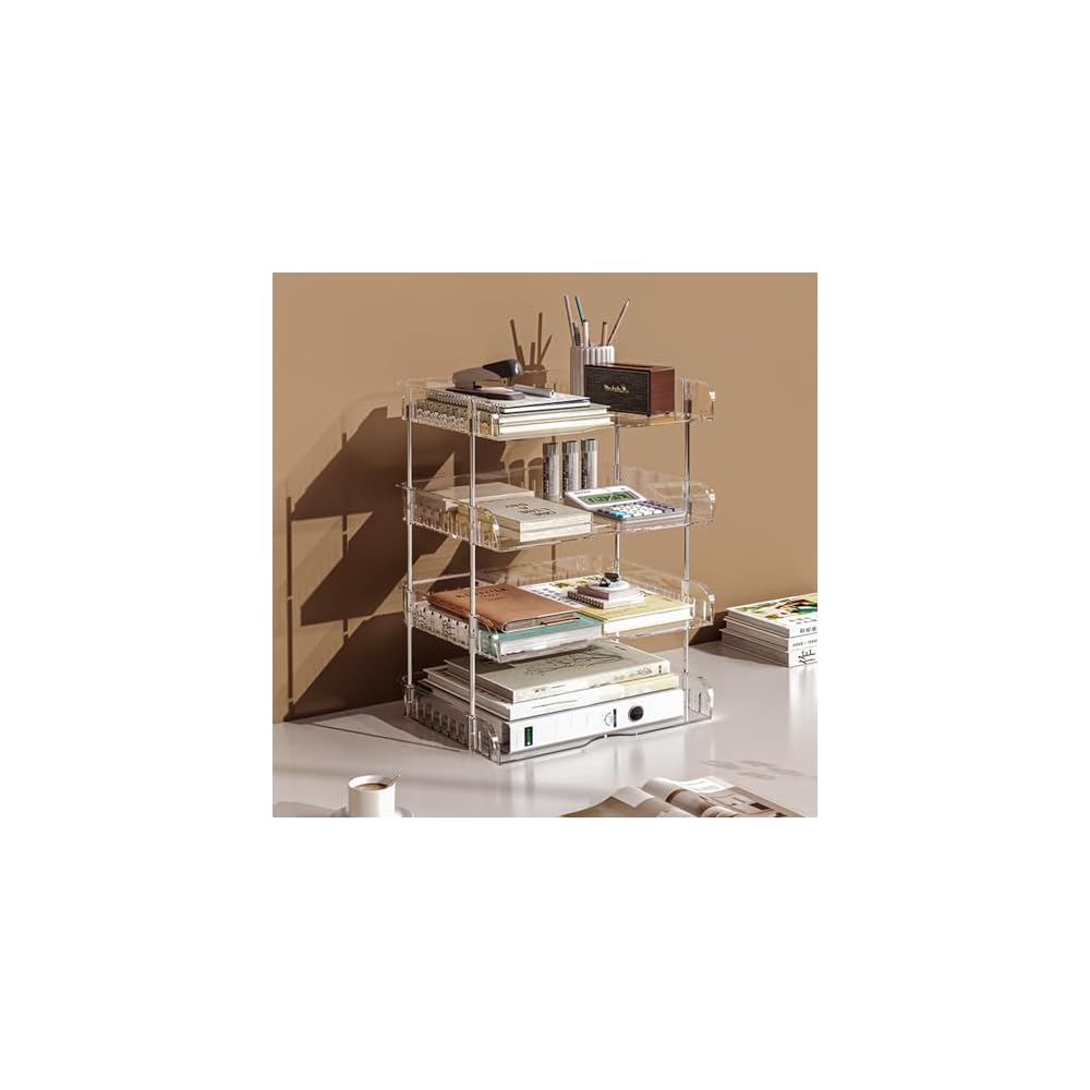 XXIAOTIAN Document Tray, A4 Horizontal, 4-Tier, Desktop Storage Rack, Transparent, Stackable,