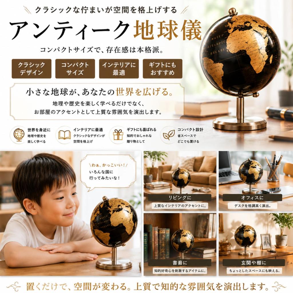 PLEGOOD Globe, Antique, Compact, Classic, Antique Black and Gold, Retro, Display, Interior Decor, World History, Geography, Desktop, Portable, Space-S