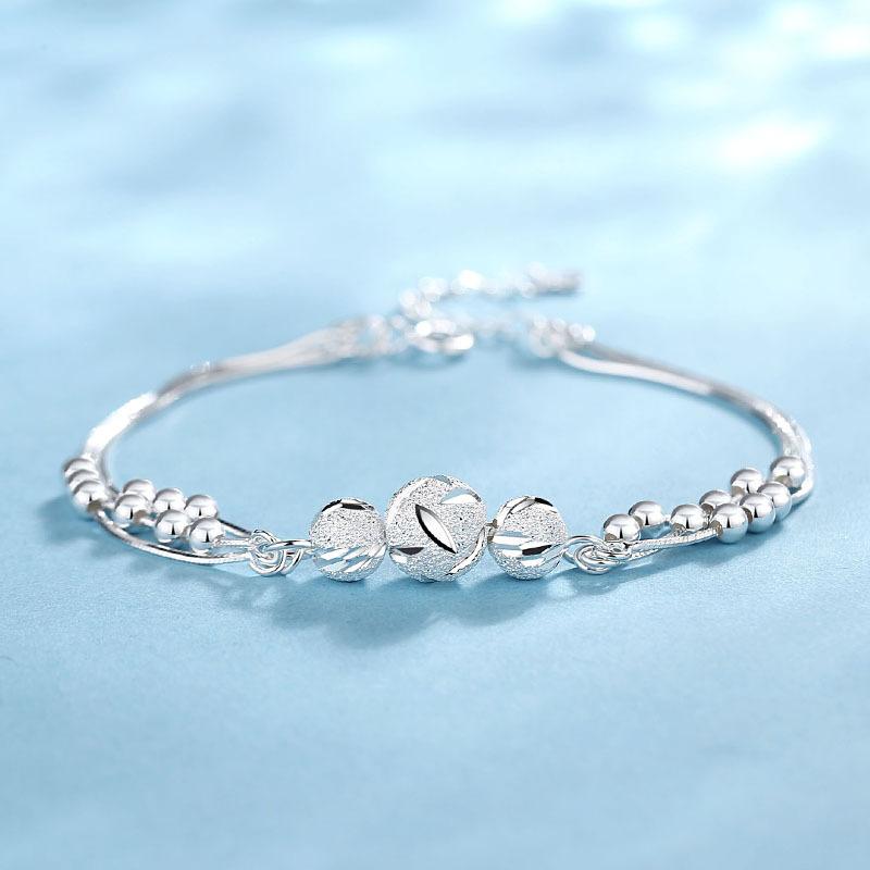 Silver Plated Minimalist Layered Bracelet with Lucky Beads Unique Design Gift for Her