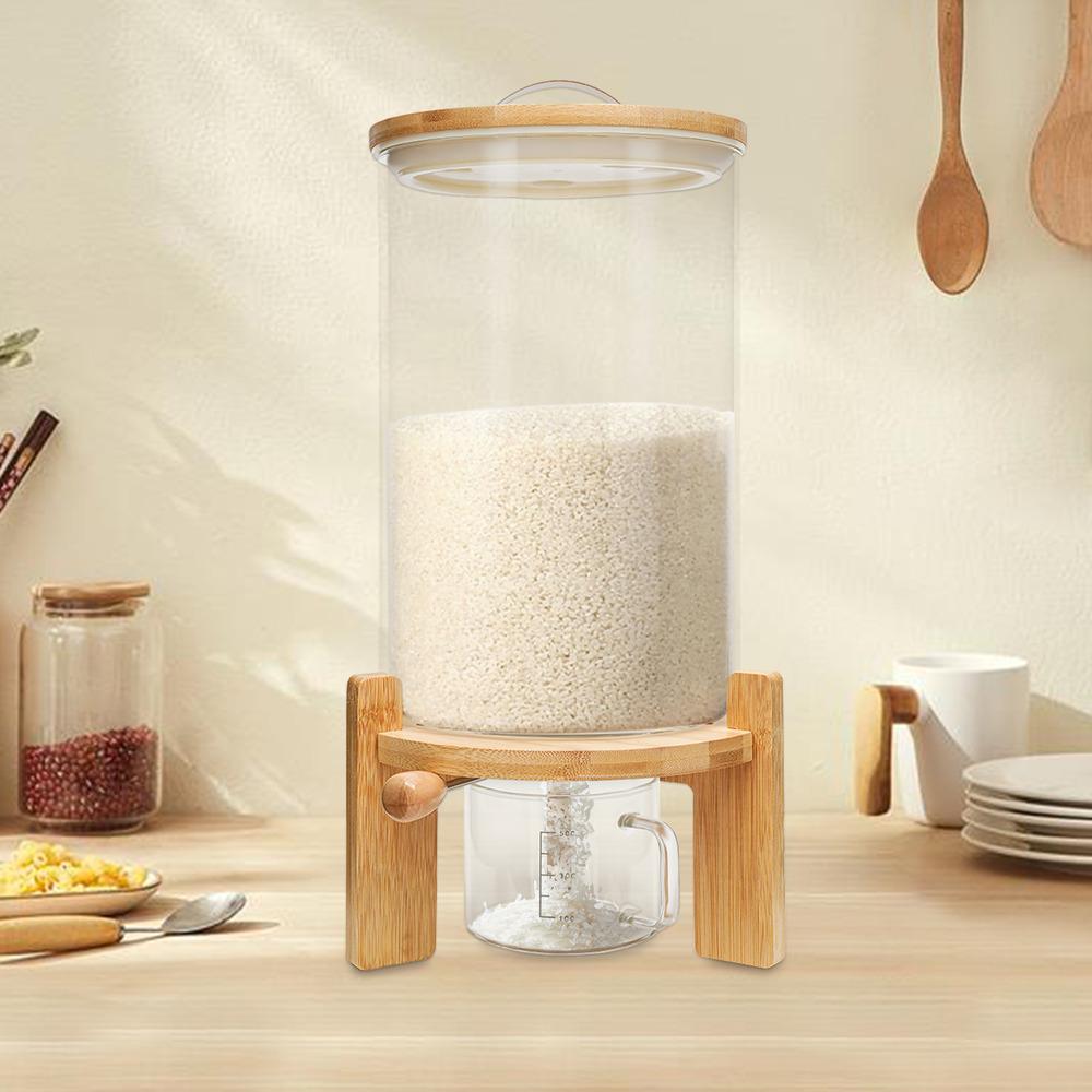 Bymaoacr 7.5L Multigrain Food Storage Tank Rice Closed Storage Fresh-keeping w/ Sealed Lid & Wooden Stand & Cup Moistureproof