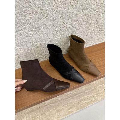 Suede Huge Good-looking Short Boots Fashionable Foreign Low-heeled Small Ankle Boots Square Elastic Thin Boots