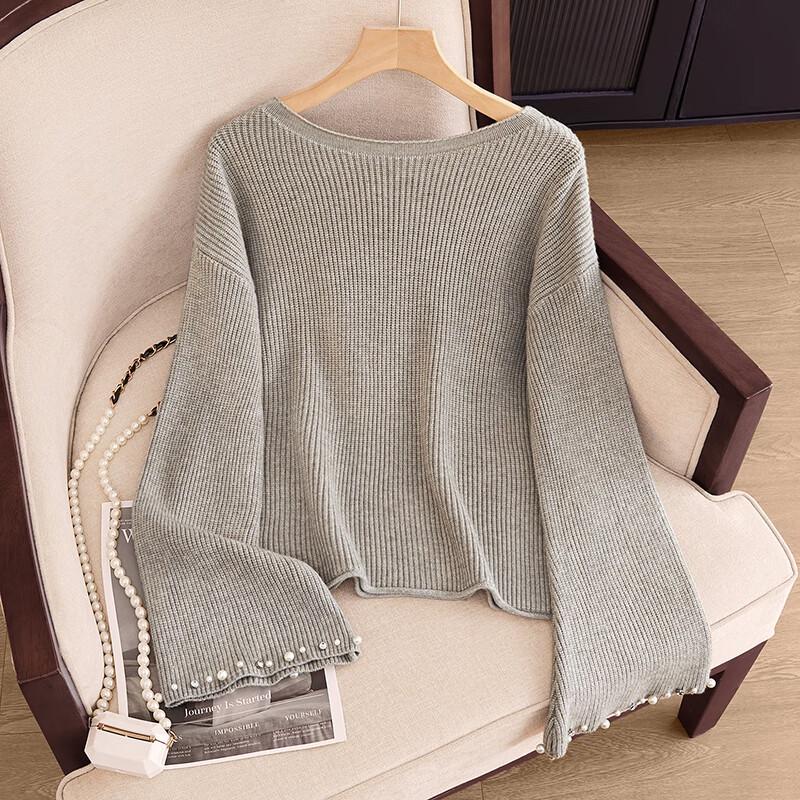 Women's Beaded Round Neck Drop-Shoulder Knit Top