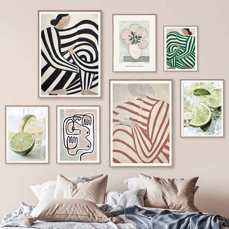 Colorful Striped Girl Lemon Vase Wall Art Canvas Painting Abstract Posters Prints Hotel Bar Wall Pictures For Living Room Decor