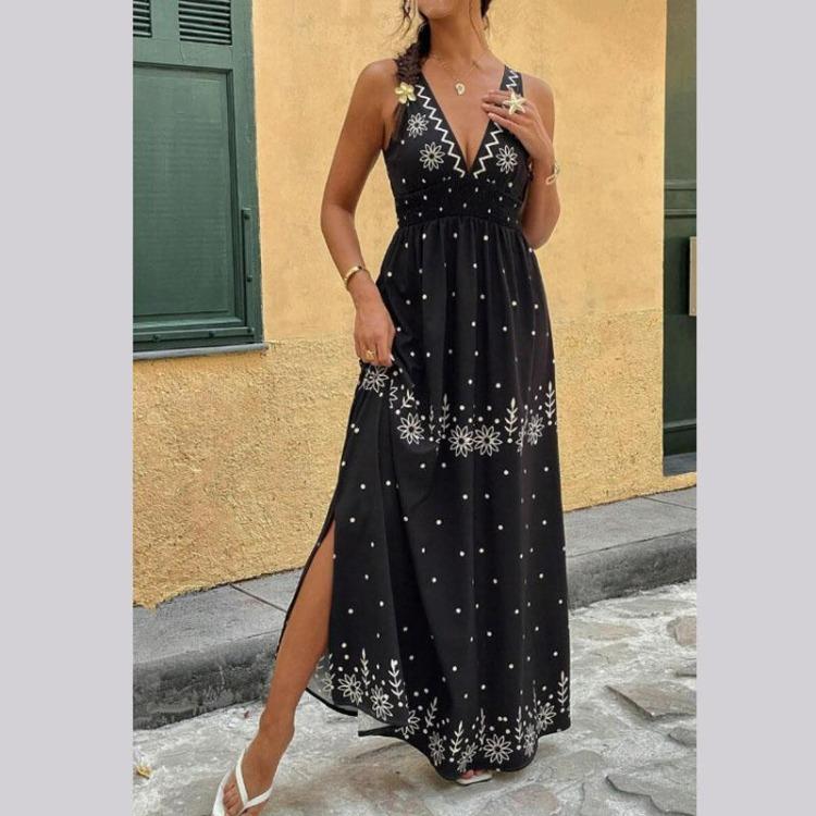 Böhmisk Sommarklänning Dam Retro Tryckt Axelband Rygglös Bandage Stor Fåll En Del Semesterstil