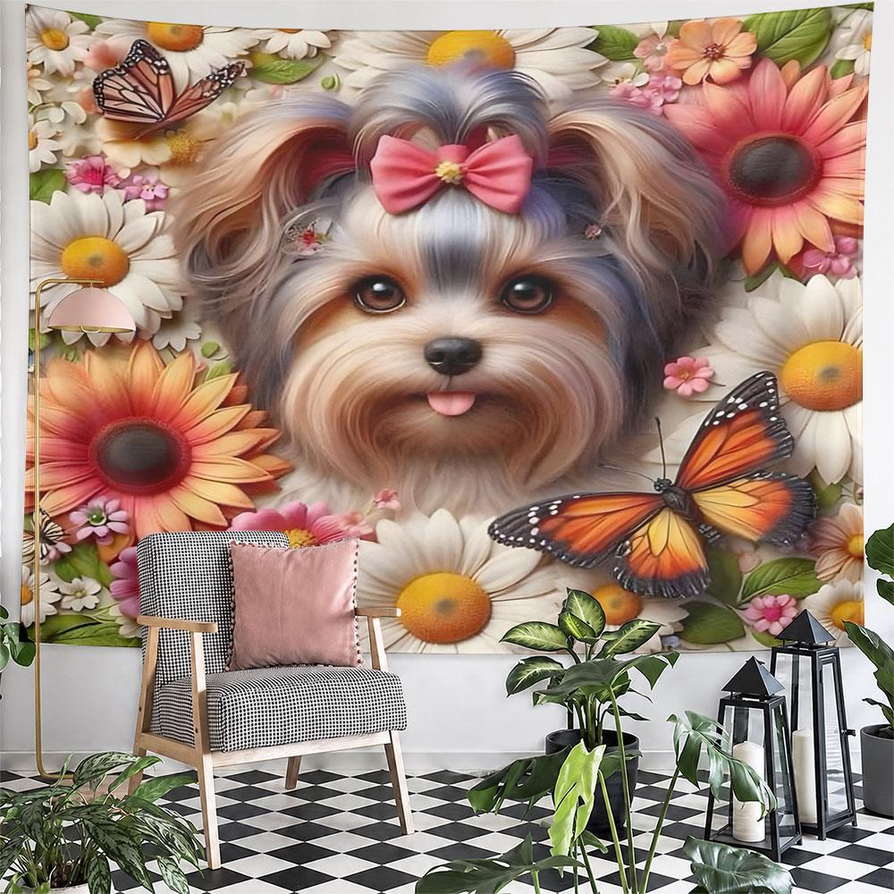 Yorkie Puppy with Flowers and Butterflies Pattern Wall Hanging Tapestry Decorative Tapestry Home Decor for Bedroom and Living Room