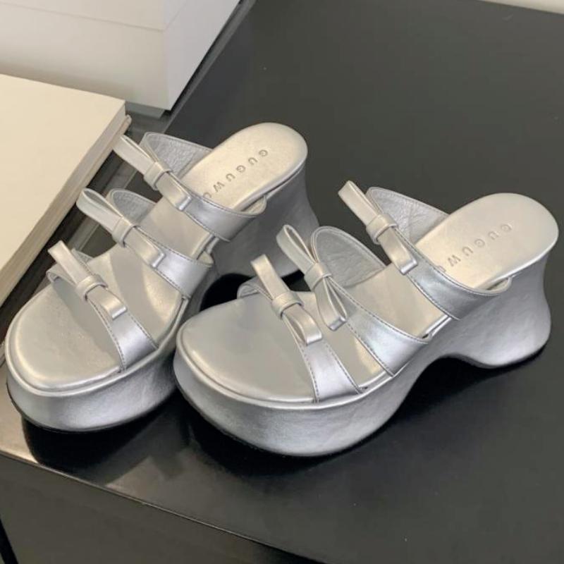 Silver Platform High Heeled Slipper Fashion Bow Party Open Toe Casual Sandals Summer Comfortable Non-Slip Beach Mule Shoe Female