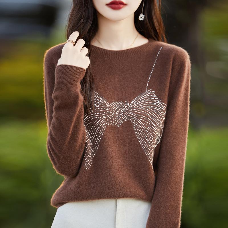 Autumn and Winter Pullover Sweater Women's Round Neck Knitted Bottoming Shirt Hot Drilling Slim Sweater