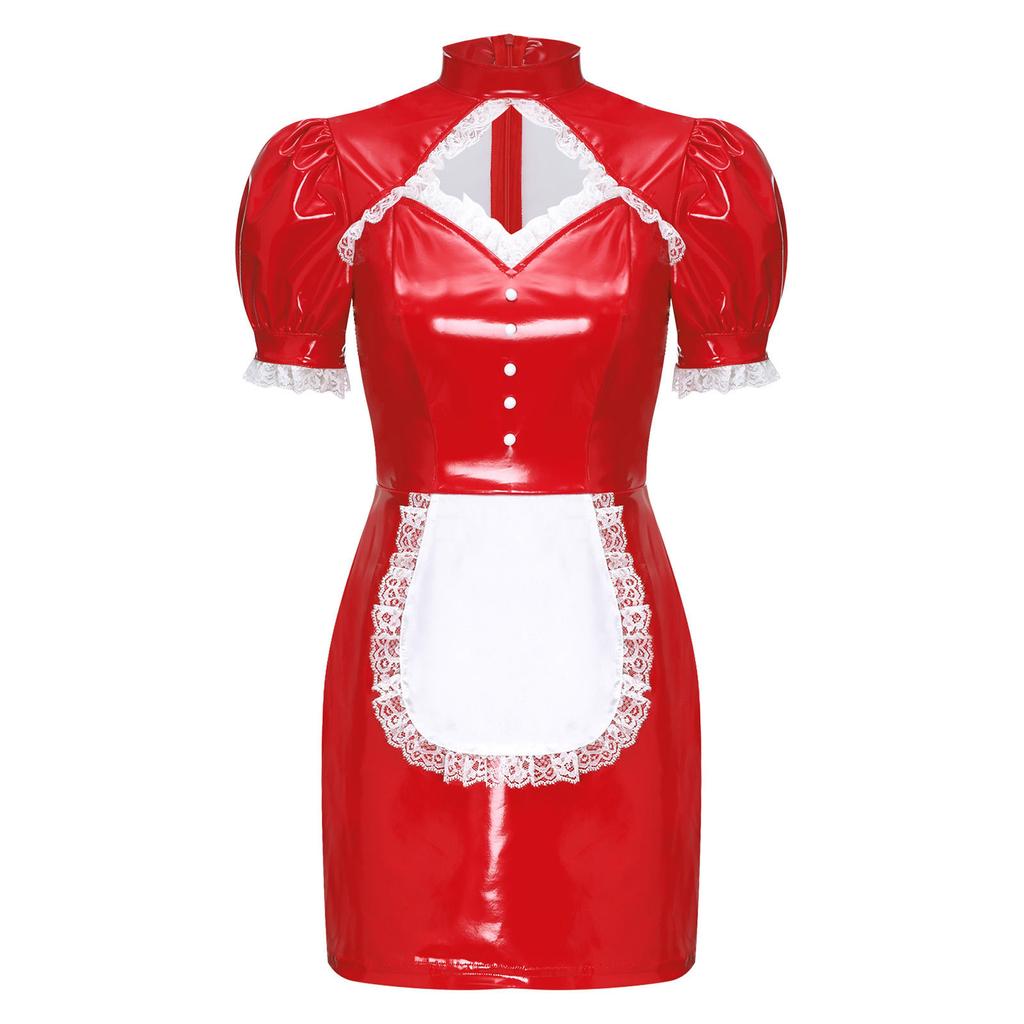 Women's French Maid Costume S-XXL - Hollow Out Lace Glossy PU Dress with Detachable Bow for Halloween Party