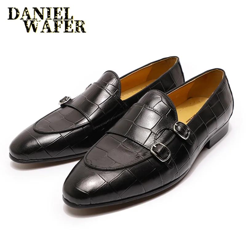 Fashion Luxury Men's Loafers Genuine Leather Shoes Brown Black Double Monk Strap Slip on Pointed Toe Office Wedding Dress Casual Shoes