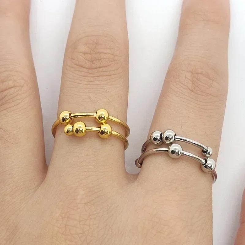 Stainless Steel Rotating Bead Rings Anti Anxiety Ring Adjustable Rotary Anti-stress Rings For Women Men Fashion Jewelry Gift KTJ