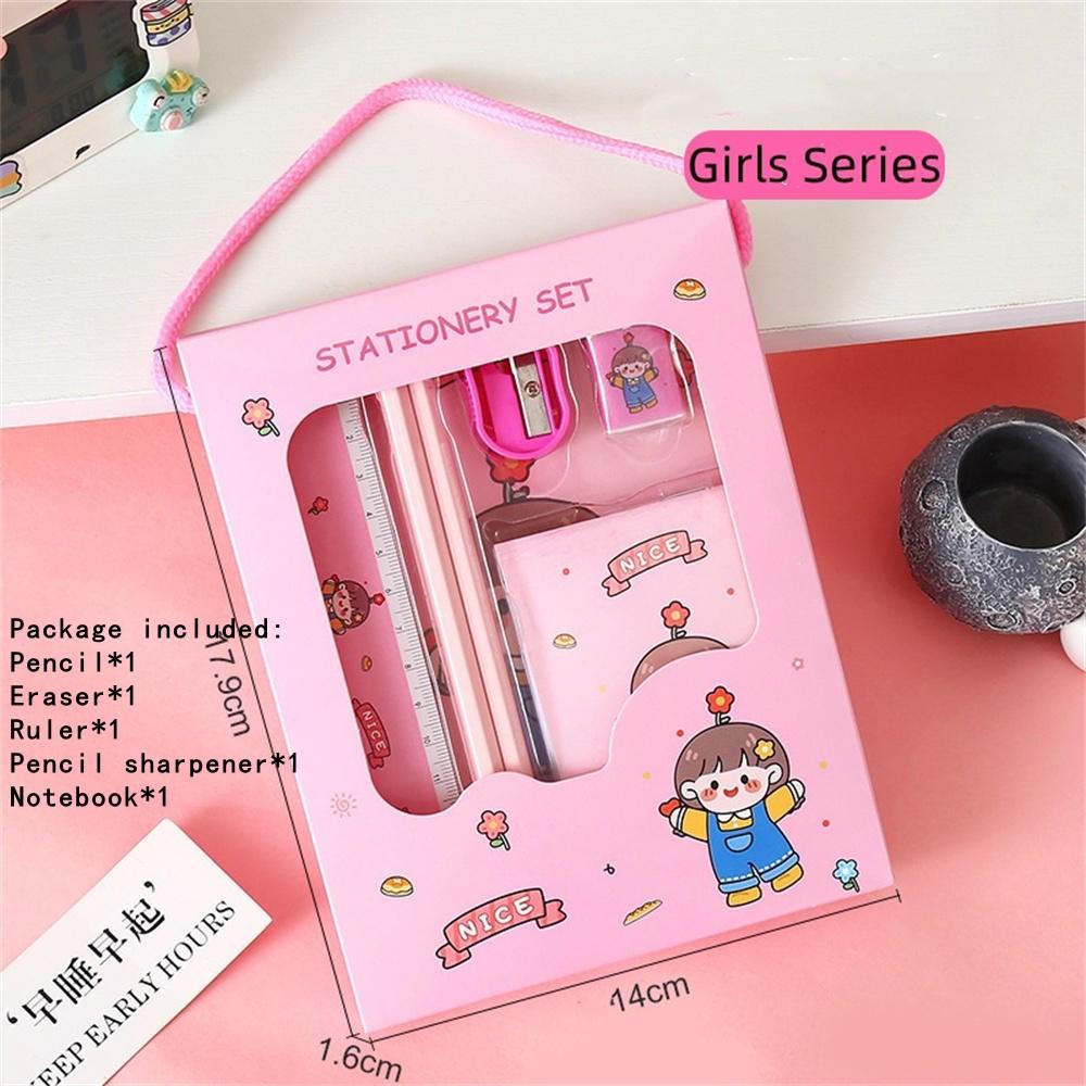 Portable 6-in-1 Stationery Set Cartoon Rabbit Bear Student Stationery Bag Pencil Eraser Sharpener Kindergarten School Supplies