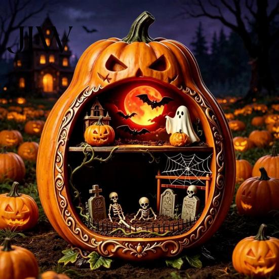Wooden Halloween Decorations Centerpiece Pumpkin, Pumpkin Ornament with Miniature Scenes, Rustic Unique Table Centerpieces Skeleton for Farmhouse Home