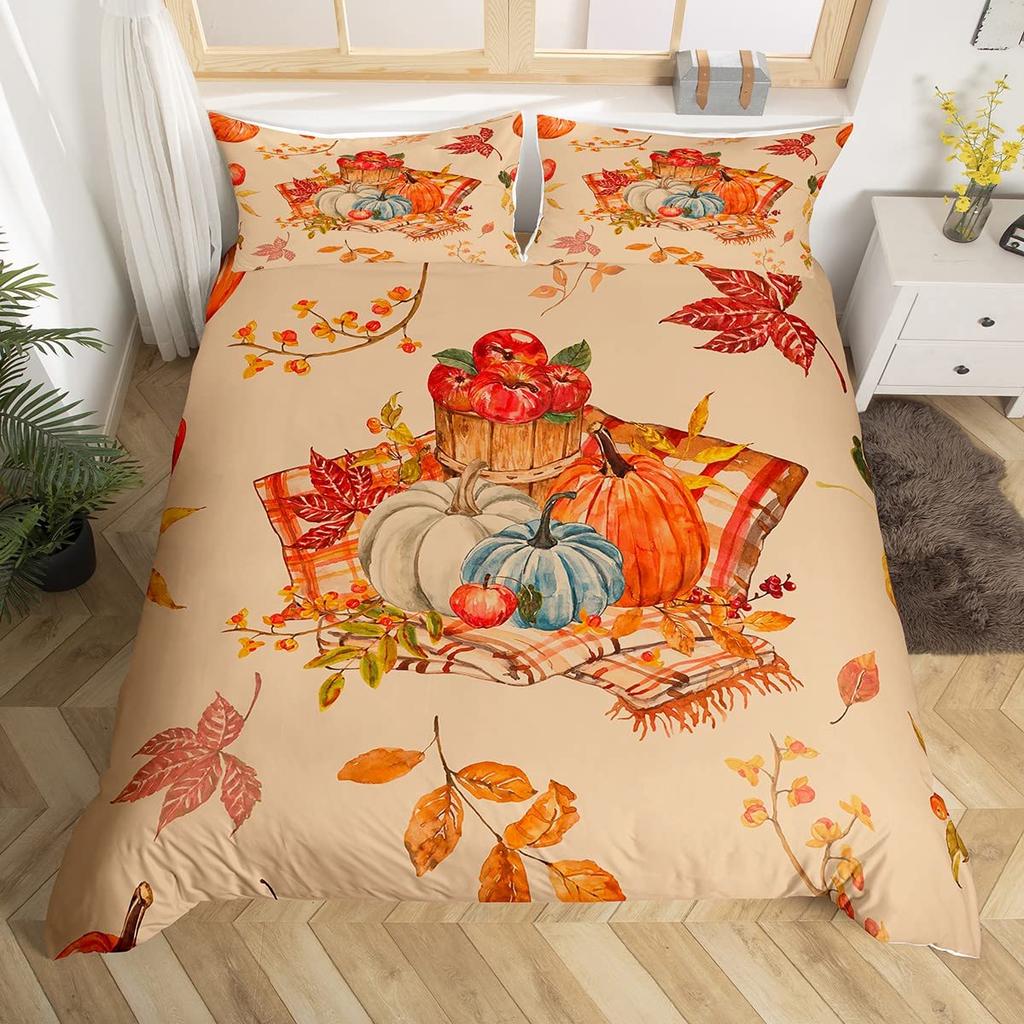 Cartoon Dwarf Dwarf Duvet Cover Queen for Kids Girls,Fall Leaves Pumpkin Bedding Set Autumn Gnome Turkey Maple Leaf Quilt Cover