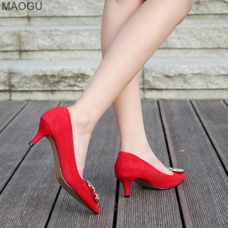 Pointed Toe Office Ladies High Heel Pumps Metal Decors Slip-on Suede Leather Women's Heels Fashion Talons Elegant Large Size 46