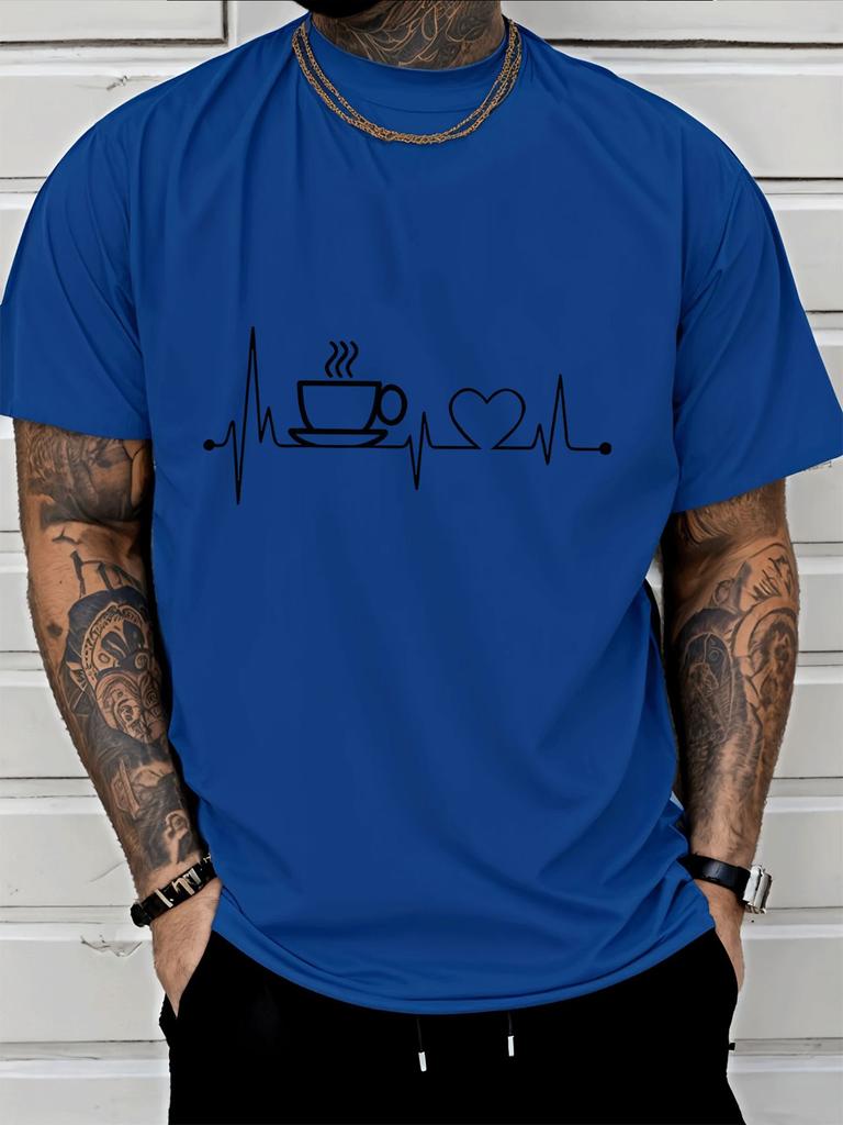 Unisexs Crew Neck Short Sleeve Tee Coffee Heartbeat Art Print Red Loose Casual Summer Street Basic Daily Top For Adult Male Wear