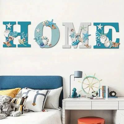 4 Adet Ahşap Ev İşareti Kıyı Plaj Duvar Dekoru Plaj Tarzı İşaretler Mavi Denizyıldızı ve Kabuk Plaj Temalı Ev İçin İşaret Harfler Asılı Duvar Dekoru Sanat İşaretleri