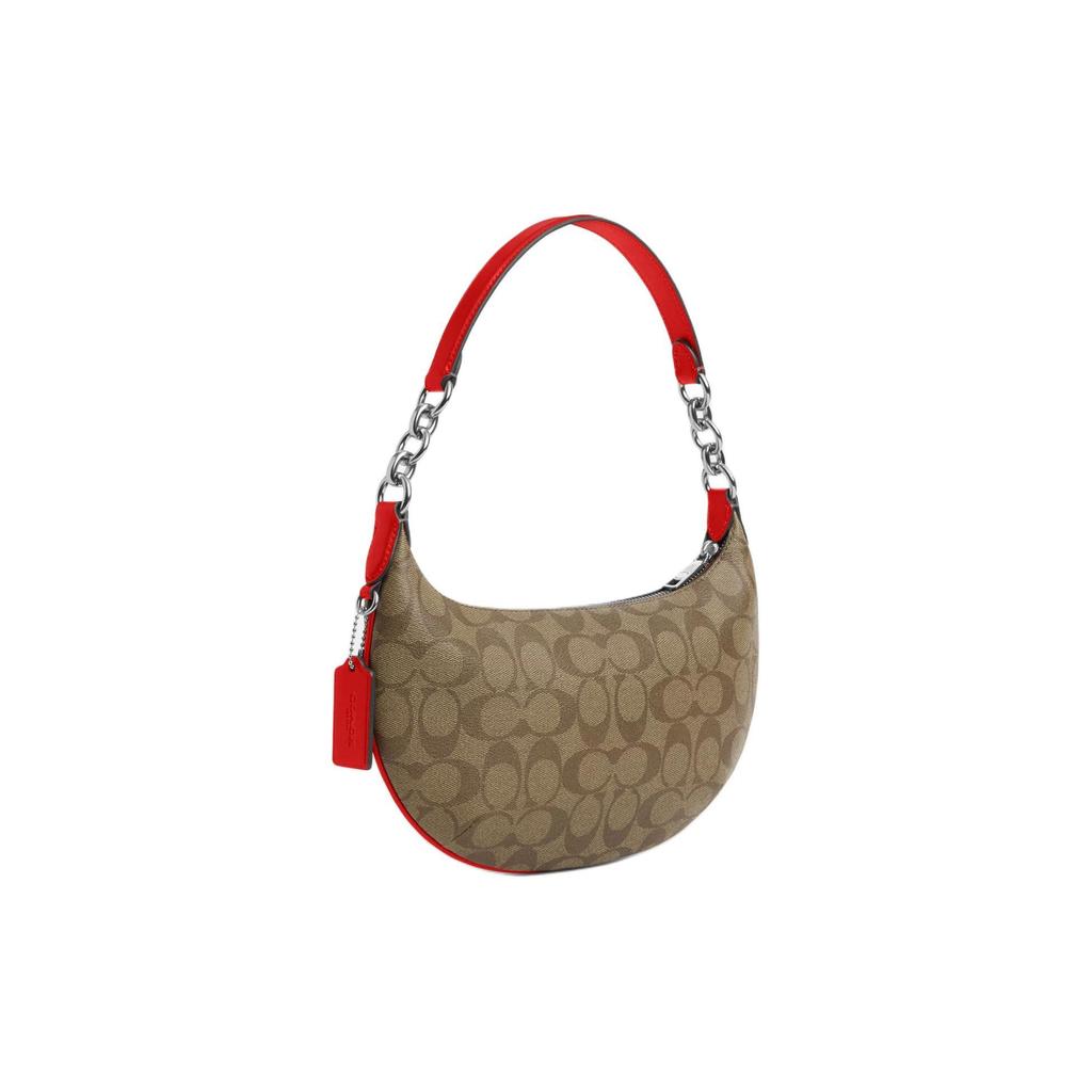 COACH Payton Leather Handbag, Shoulder Bag Large Women's Silver & Khaki & Miami Red CE620-SVUC3