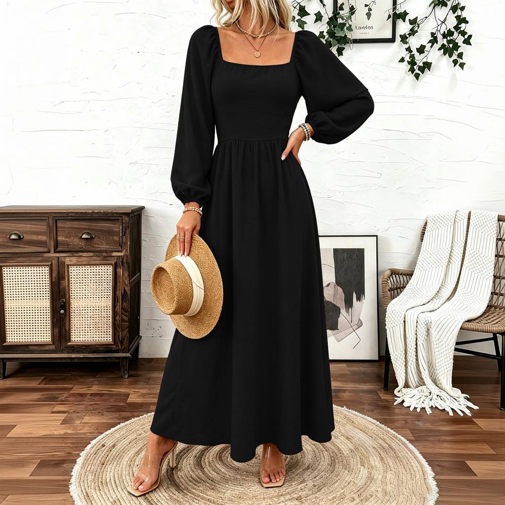 Women's Bohemian Color Square Neck Sleeve Flattering Long Dress