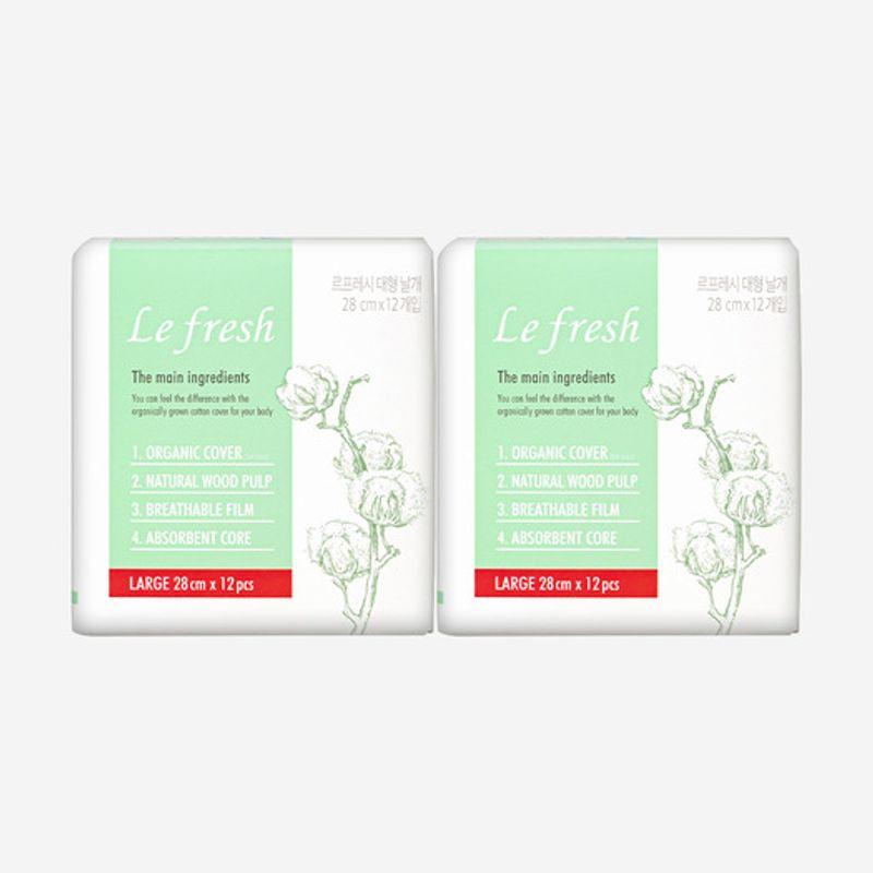 Lefresh Organic 100% Cotton Cover Vegan Sanitary Pads Large 2 Pack (24 Sheets) Large 12 sheets X 2 packs