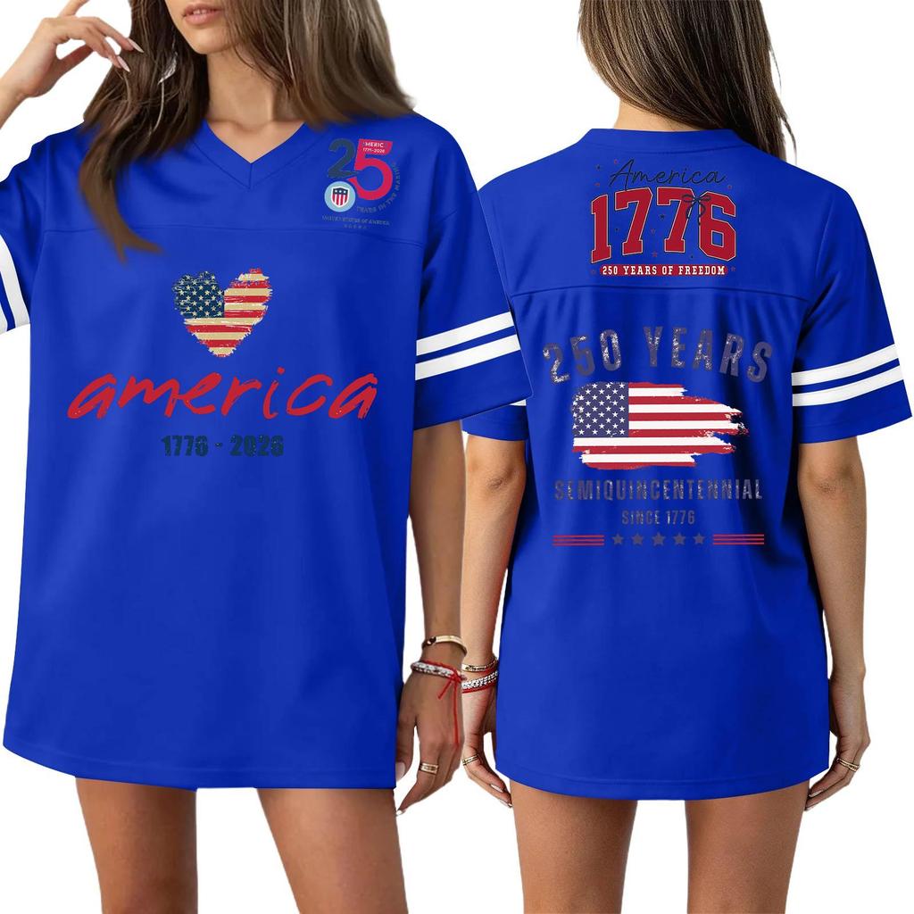 Damska Codzienna Modna Koszulka Sportowa z Dekoltem V z Nadrukiem na Dzień Niepodległości Krótkim Rękawem Top