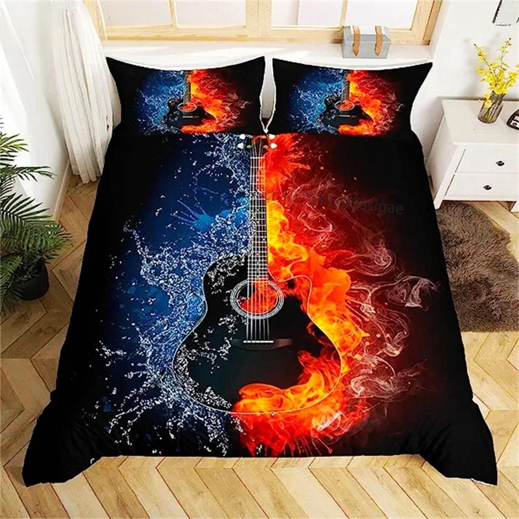 3D Rock Music Themed Guitar Colorful Duvet Cover Fire And Water Bedding Set Modern Gorgeous Microfiber Polyester For Boy Gifts