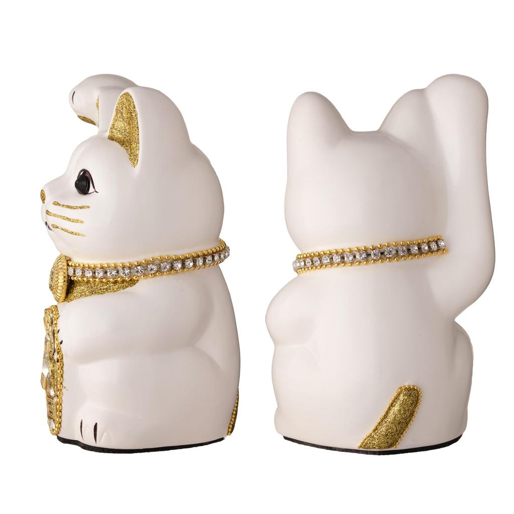Lucky Cat Millionaire Cat Right Paw Raised Ceramic Lucky Cat Auspicious Feng Shui Ornament (M-SIZE White) / _ Maneki-neko (ml_M White)