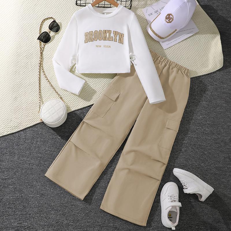 Girls' 2025 Spring Outfit: Versatile Letter Sweatshirt & Pleated Wide-Leg Cargo Pants for Big Kids