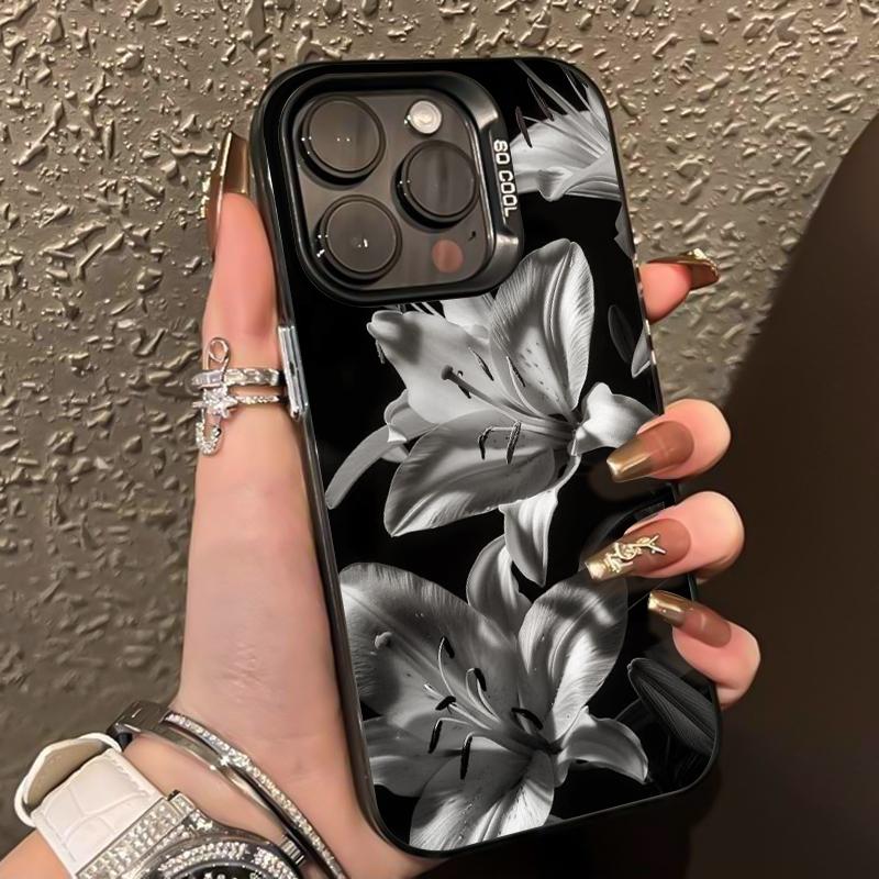 Black and White Lily Floral Pattern Phone Case For iPhone 17 Air 16 Pro Max XS X XR 17E 16E 16 Plus 15 14 13 12 11 Matte Cover