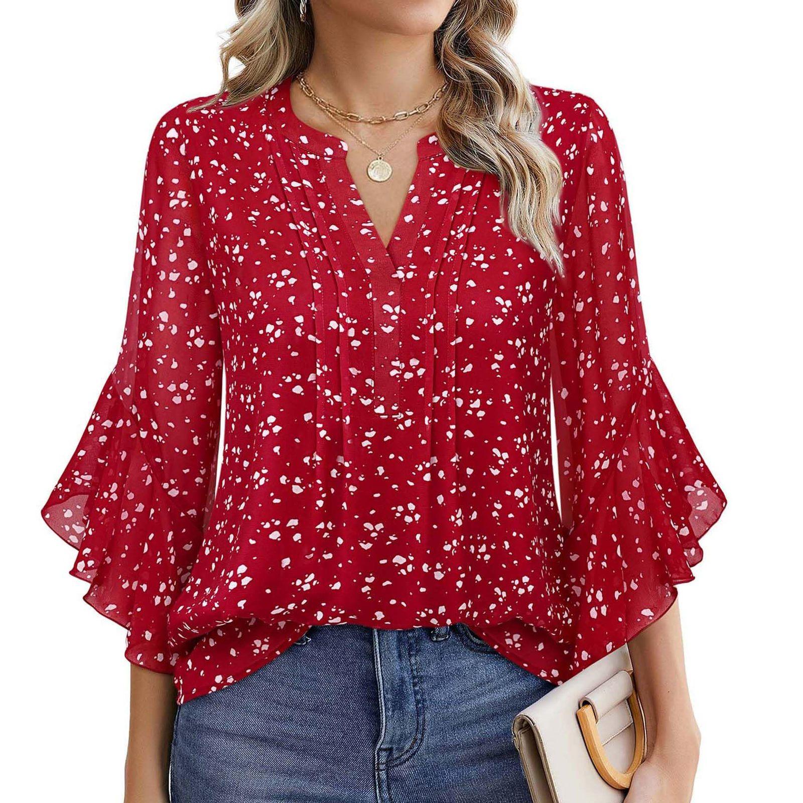 

Блузка с рукавом три четверти в виде листьев лотоса, однотонная, модная, повседневная, свободная, с V-образным вырезом, деловая, шифоновая, женская одежда XXL красный