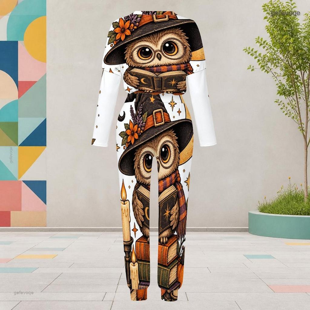 Women Plus Size Round Neck Long Sleeve Cartoon Raccoon Printed Cuffed Two Piece Pants Set With Pockets