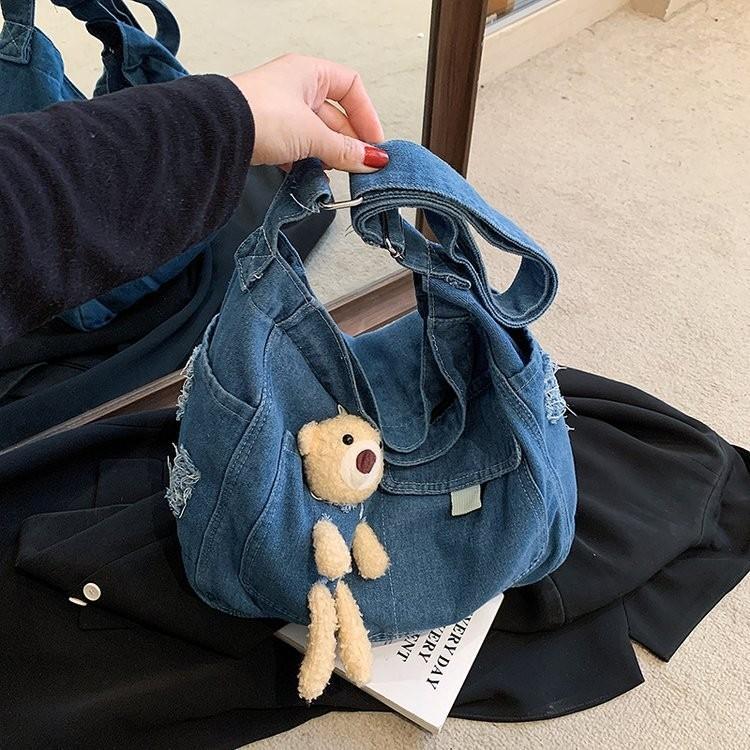 Adorable Korean Style Cartoon Denim Shoulder Bag For Students Casual Look In Blue