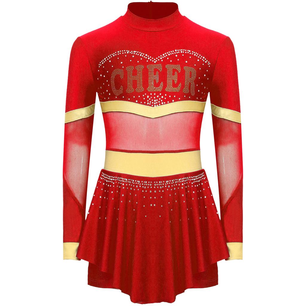 Girls One Piece Cheerleader Costume Long Sleeve Mesh Patchwork Shiny Diamonds Cheerleading Bodysuit